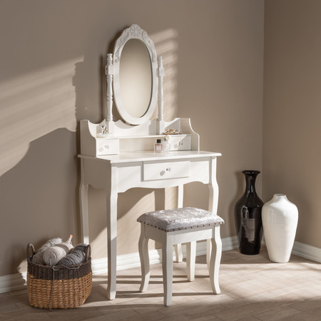 Baxton Studio Veronique White Finished Wood 2-Piece Table with Mirror and Ottoman 151-9208